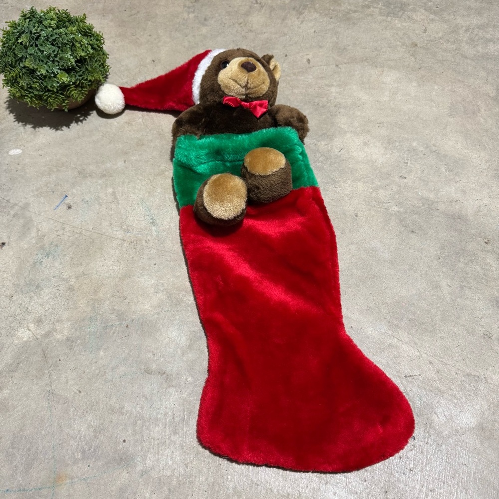 Vtg Teddy Bear 3D Plush Stocking Christmas Holiday Winter Red Green